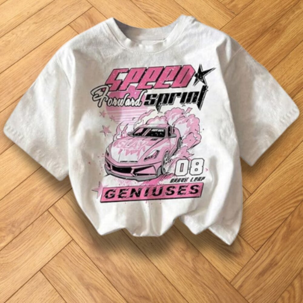 White Y2K Pink Racing Car Graphic Tee Speed Street Style Shirt